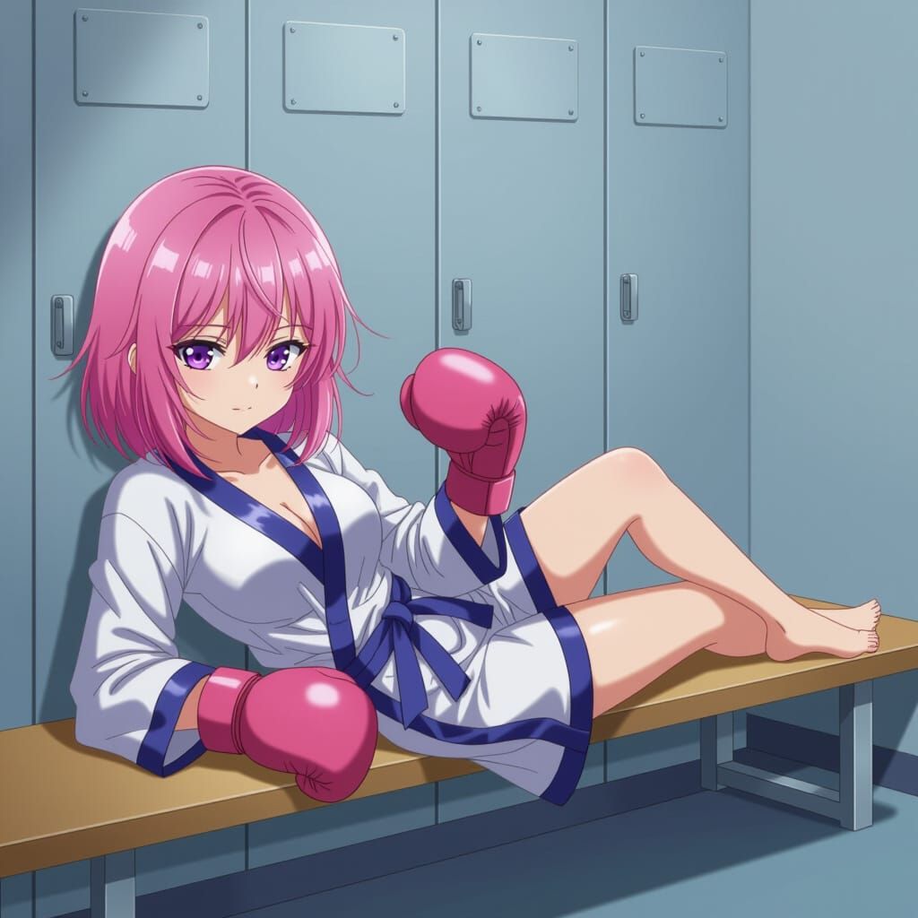 Pink-Haired Boxer Rests in Locker Room