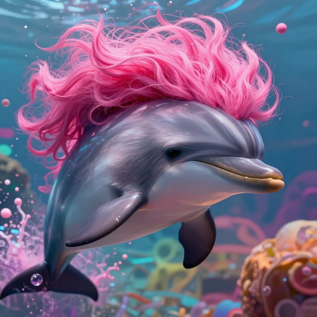 Dolphin with Pink Afro Hair in Splash Art Style
