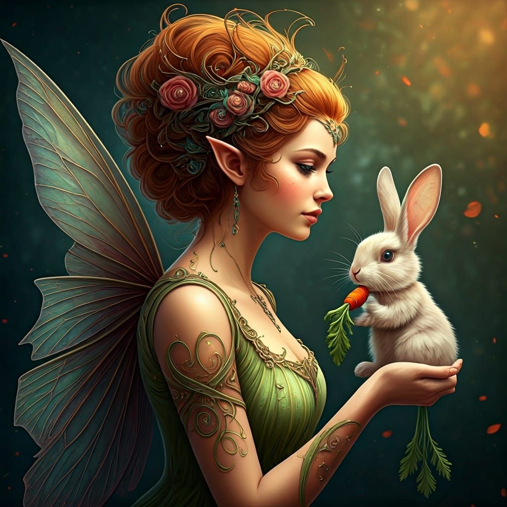 Fairy and Bunny: Intricate Pencil Drawing Portrait