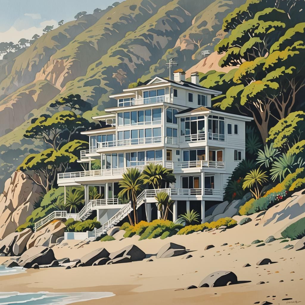 Charlie Harper's Malibu Beach House: Gouache Painting