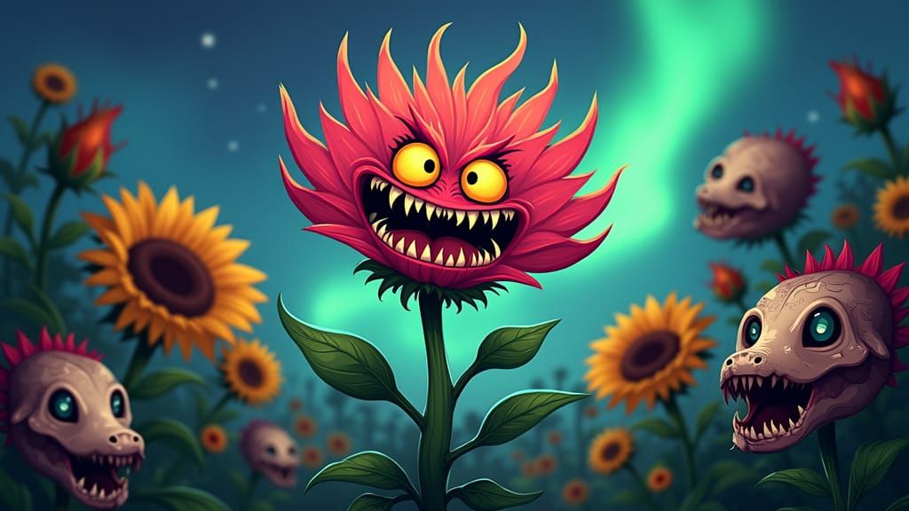 A cartoonish flower, centrally positioned, has a wide, menac...