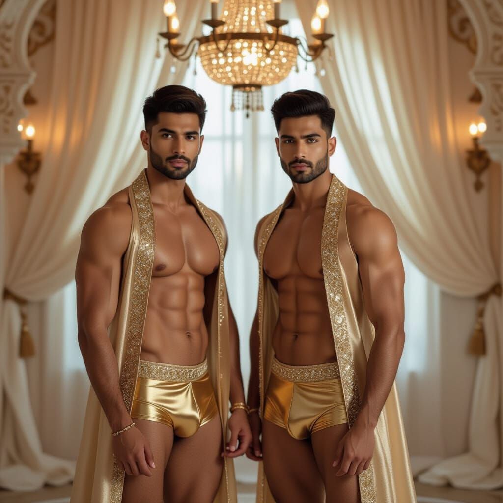 Opulent Arabian Nights: Two Indian Men in Golden Attire