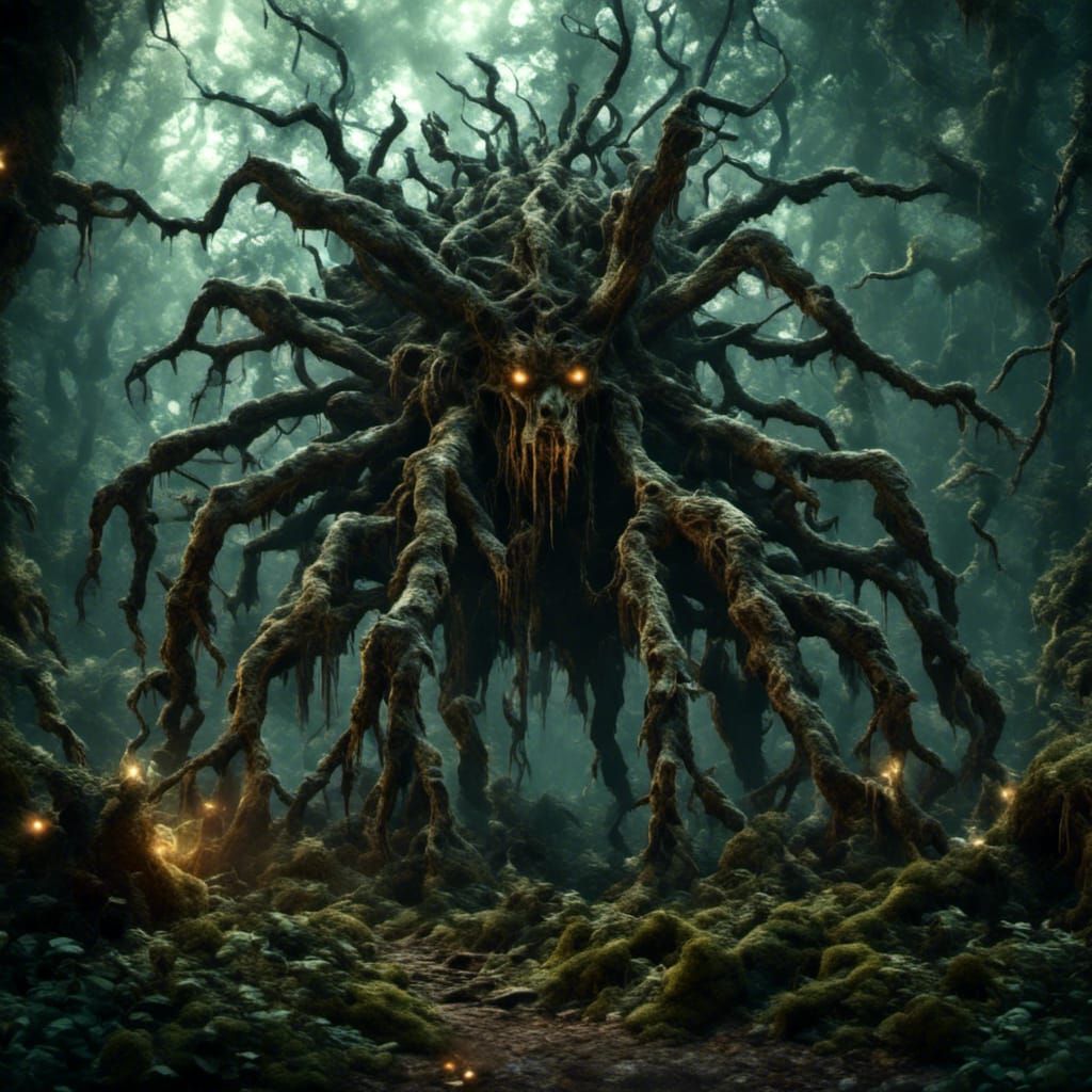 Surreal Spider-Root Creature Guards Enchanted Forest