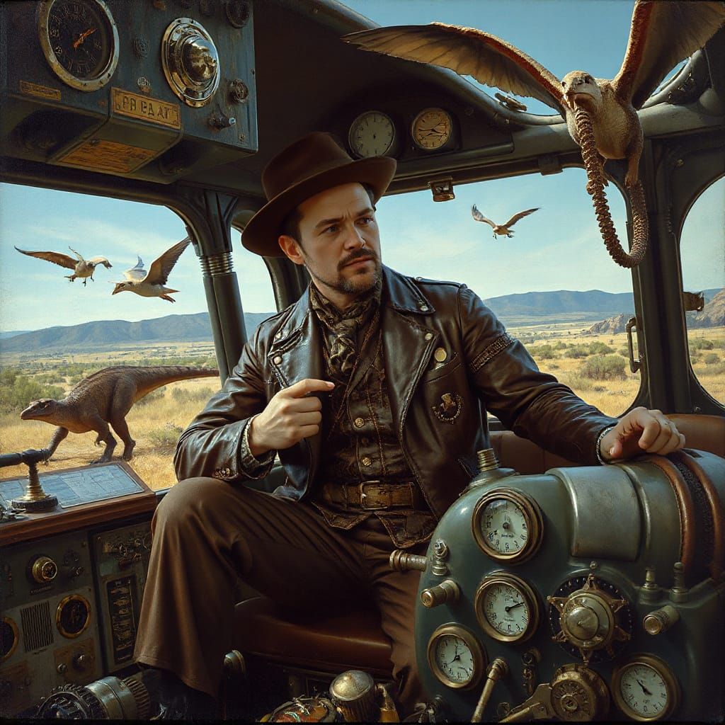 Steampunk Time Machine in Prehistoric Landscape