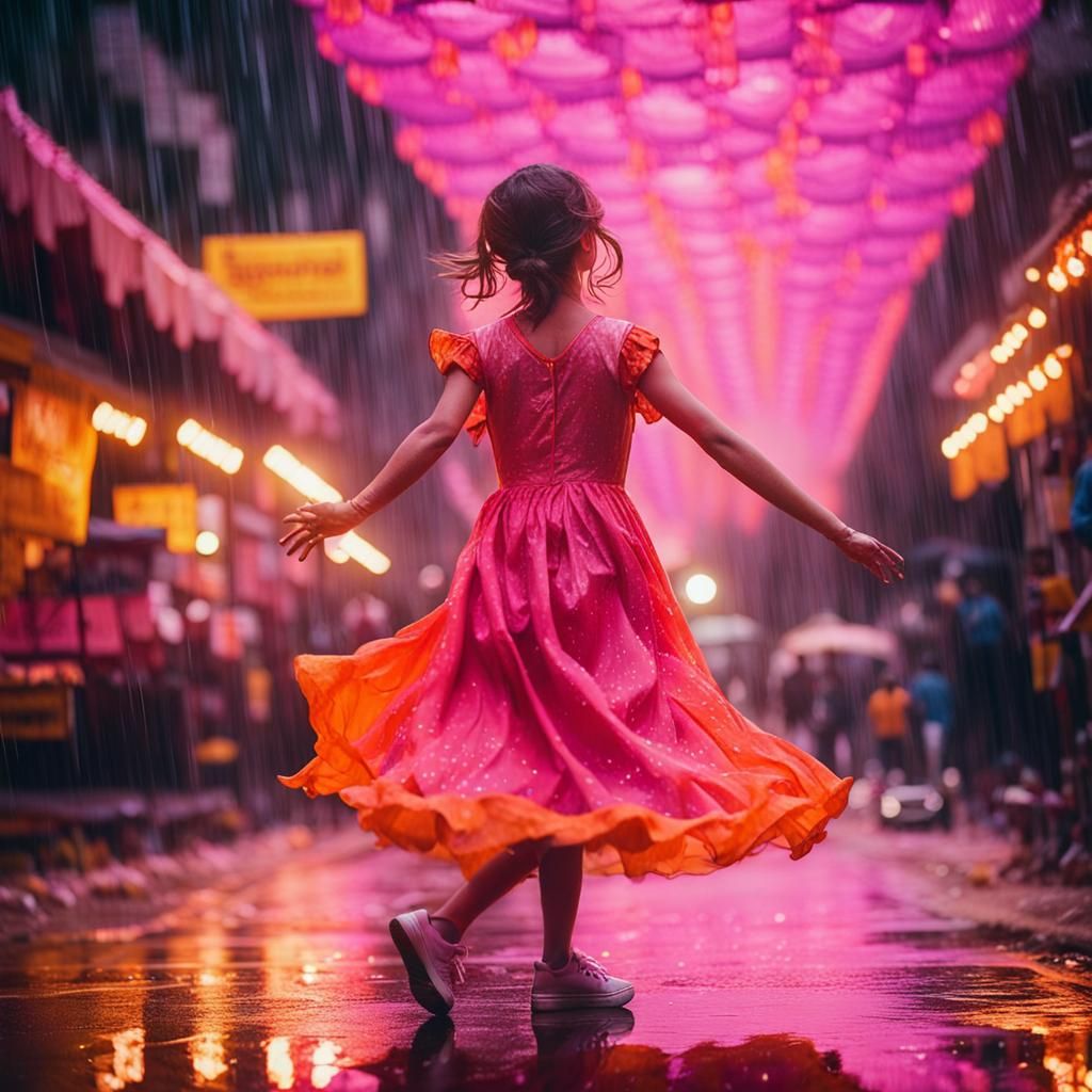 Girl in Mirror Dress Dancing in Rainy Street
