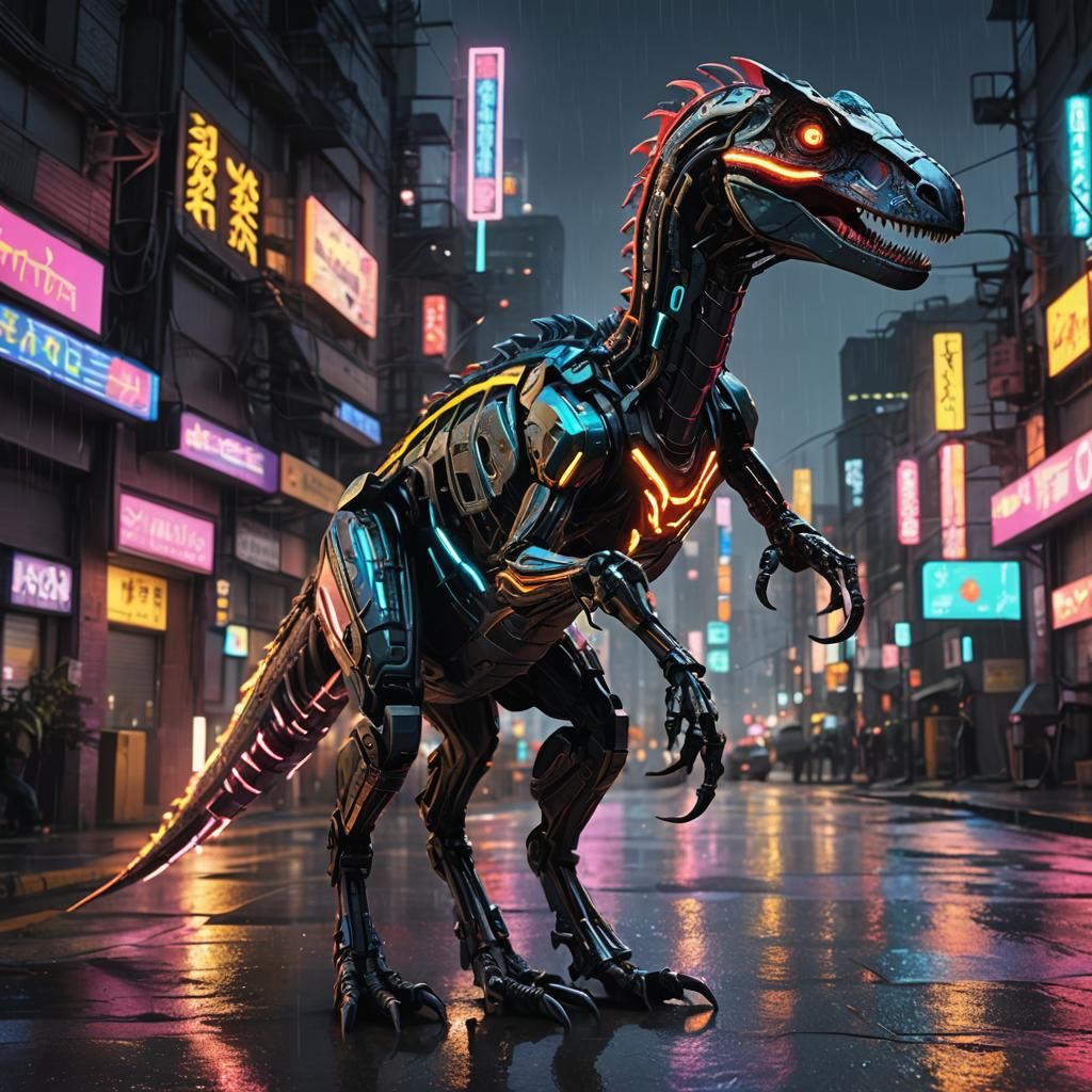 Cybernetic Velociraptor in Neon Cityscape: Anime Style