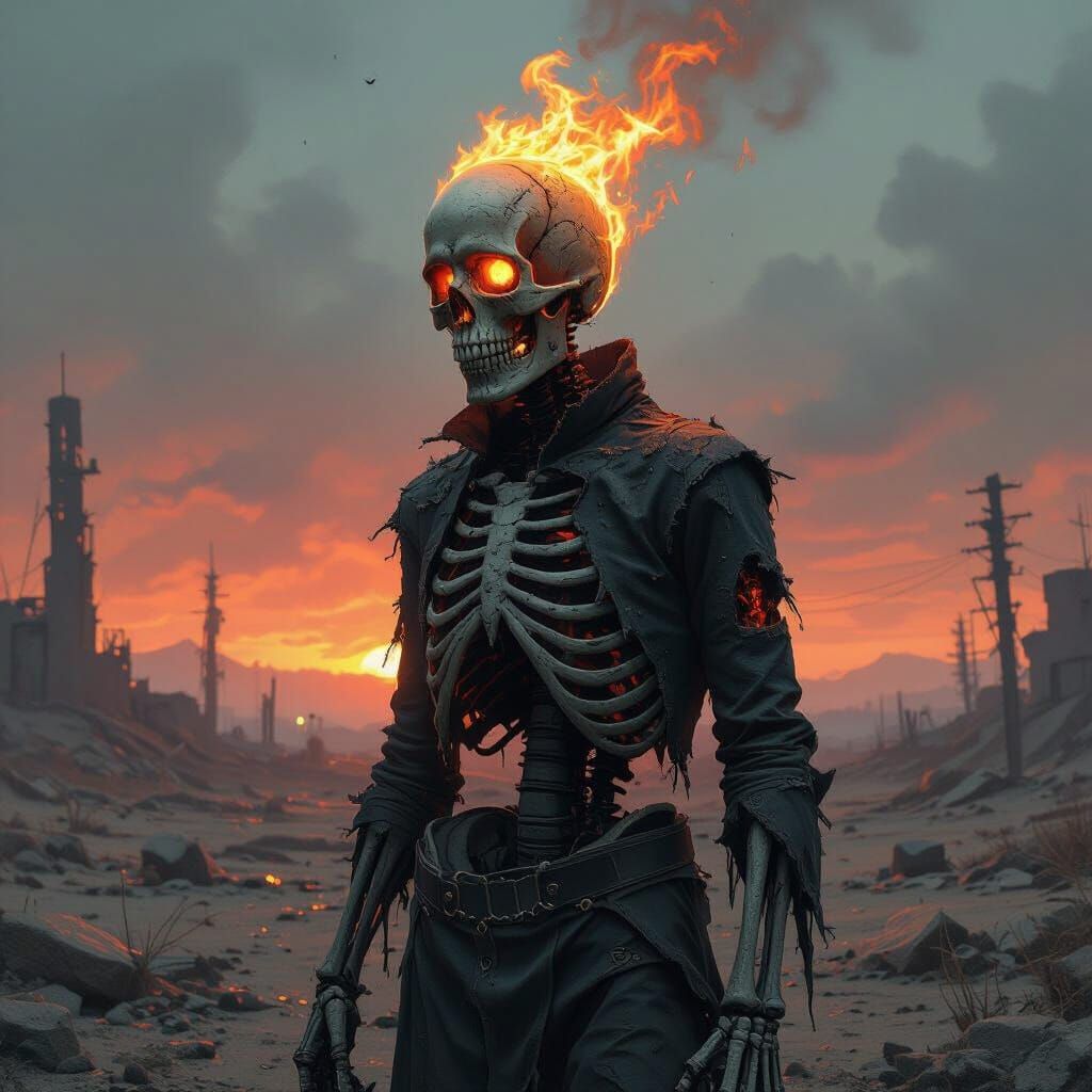 Skeleton with Fire Skull in Post-Apocalyptic Landscape