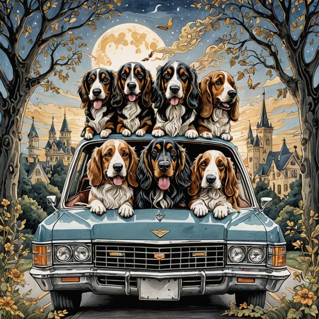 Mystical Cadillac with Joyful Dogs in Desert