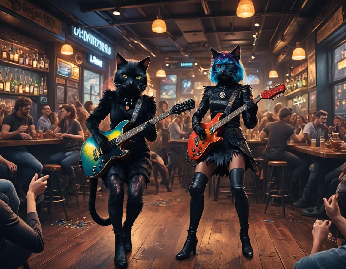 Cat Costume Guitarist: Detailed Matte Painting
