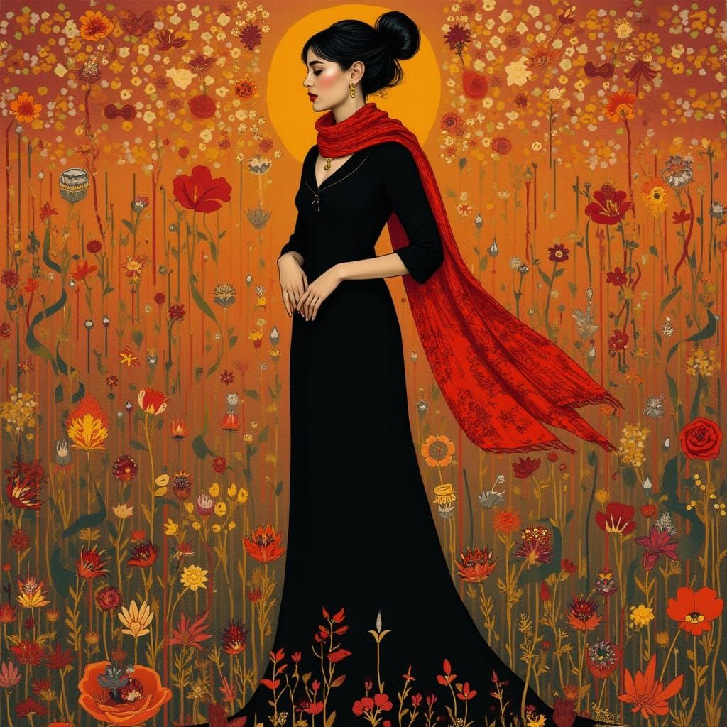 Woman in Red Scarf, Post-Impressionist Style