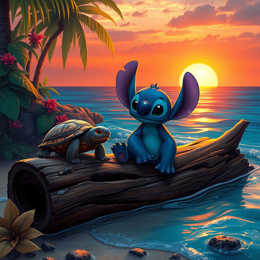 Stitch and Turtle at Sunset: Fantasy Concept Art