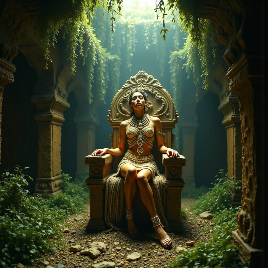 Ancient Queen on Petrified Wood Throne in Ruin