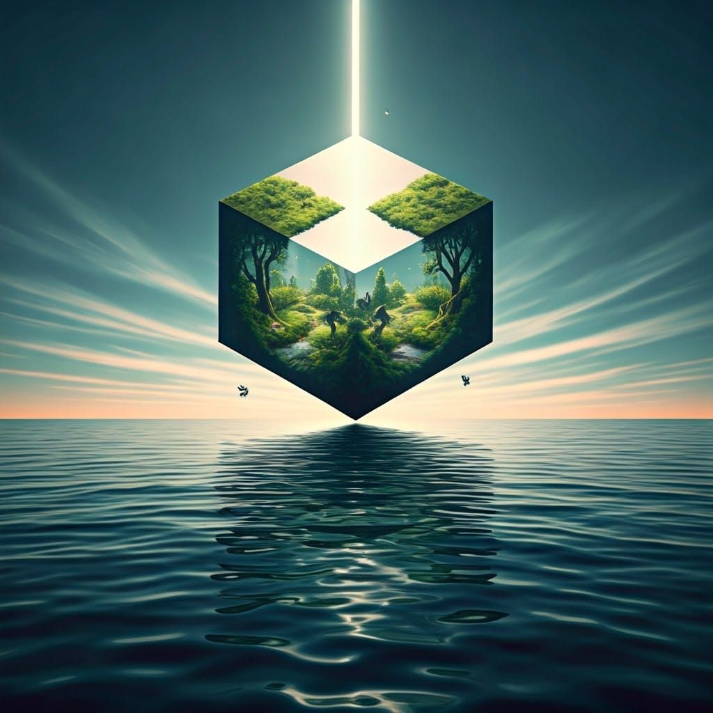 Surreal Oceanic Scene in Glassy Waves and Empty Cube