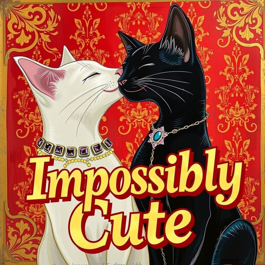 Two Black Cats Nuzzling with Ruby Jewelry