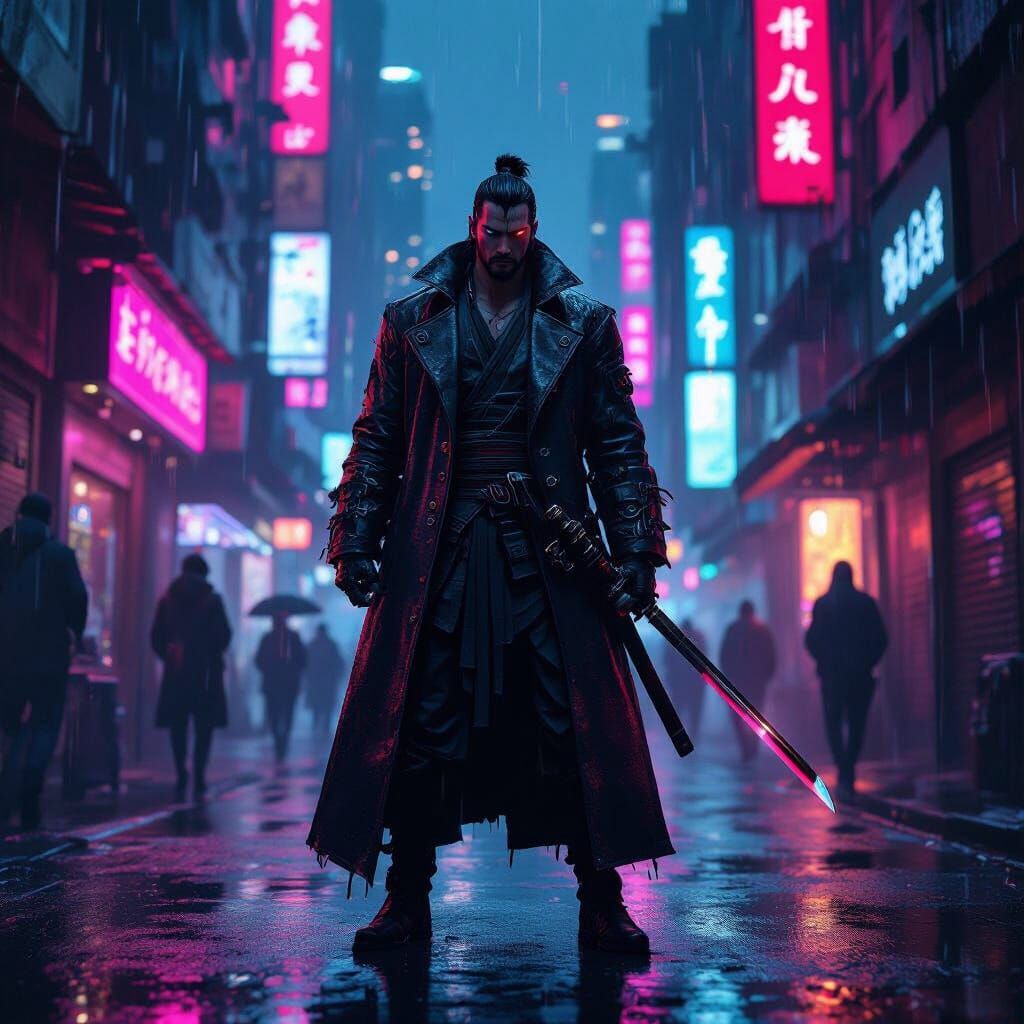 Cyberpunk Samurai in Neon Alleyway