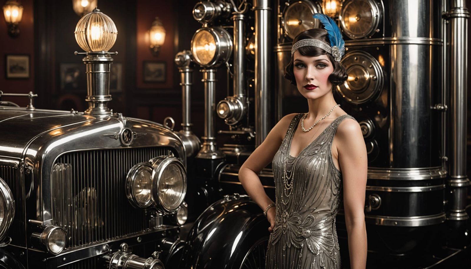 1920s Flapper in Art Deco Gown by Steam Engine