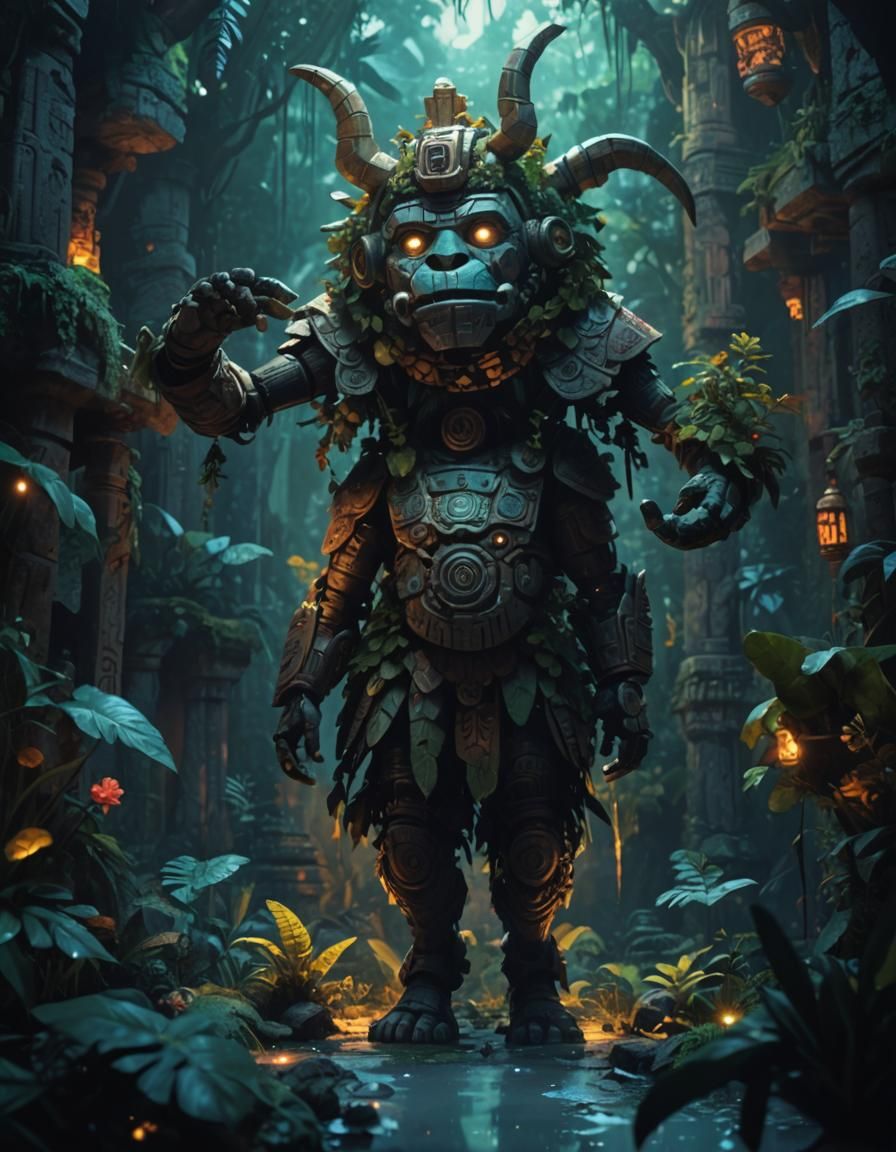 Aztec Golem Guardian in Anime Style