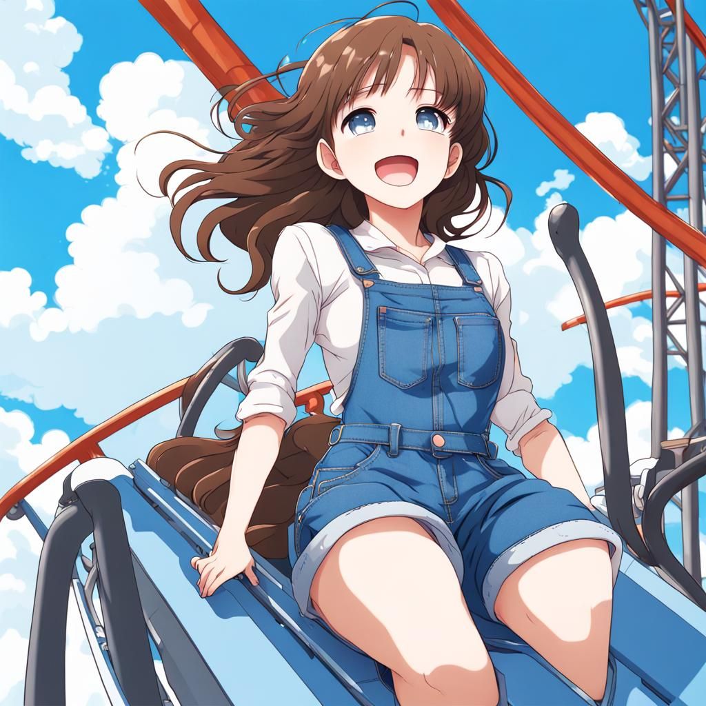Girl Rides Upside Down Rollercoaster in Anime Style