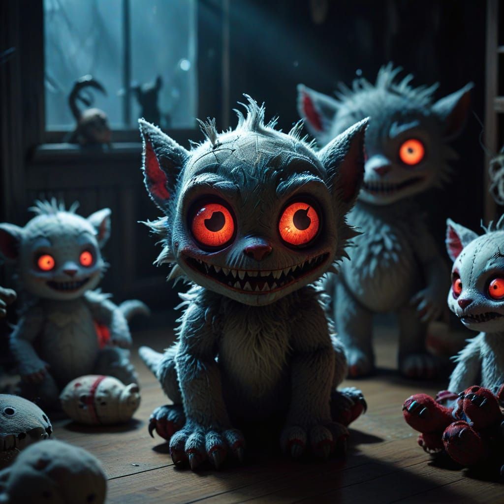 Menacing Plush Toys in Eerie Bedroom Dark Fantasy Art
