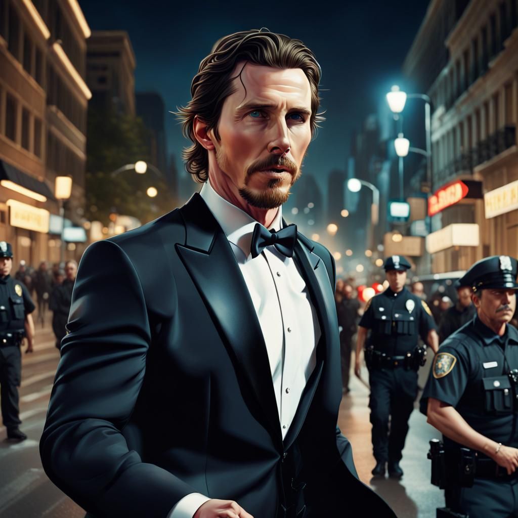Christian Bale Arrested in Tuxedo: Hyperrealistic Splash Art