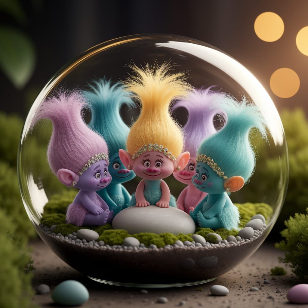 Pastel Trolls Share Friendship Stone in Diorama
