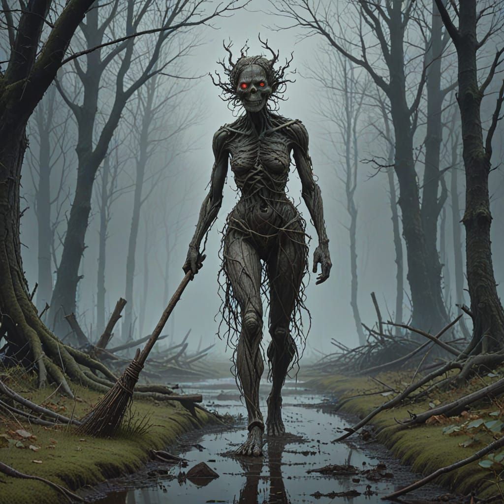 Dark Fantasy Witch Entwined with Leaves and Wooden Roots