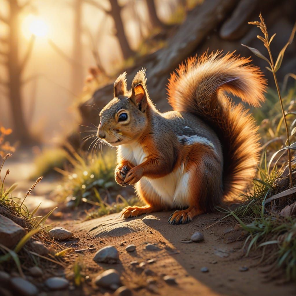 Squirrels in a Surreal Sunset Landscape