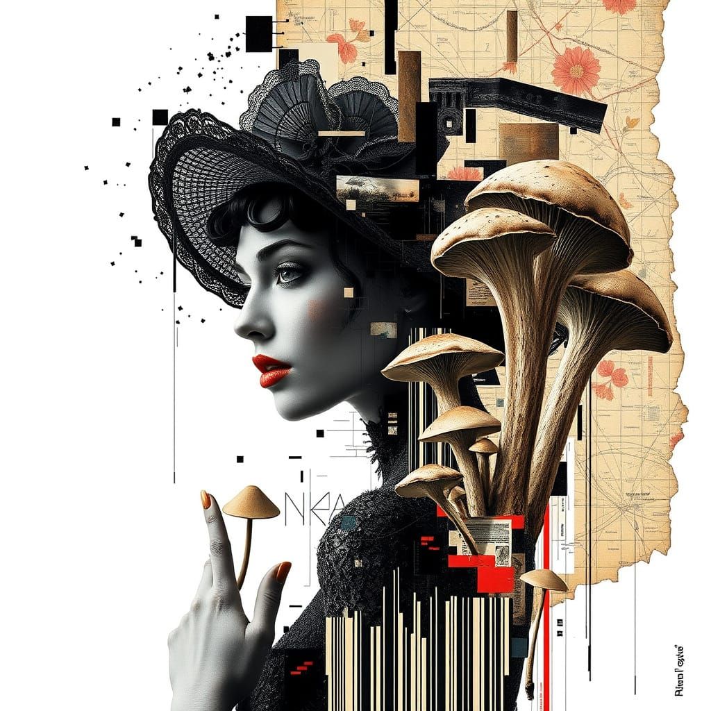 Expressive Grunge Collage with Mushrooms and Barcodes