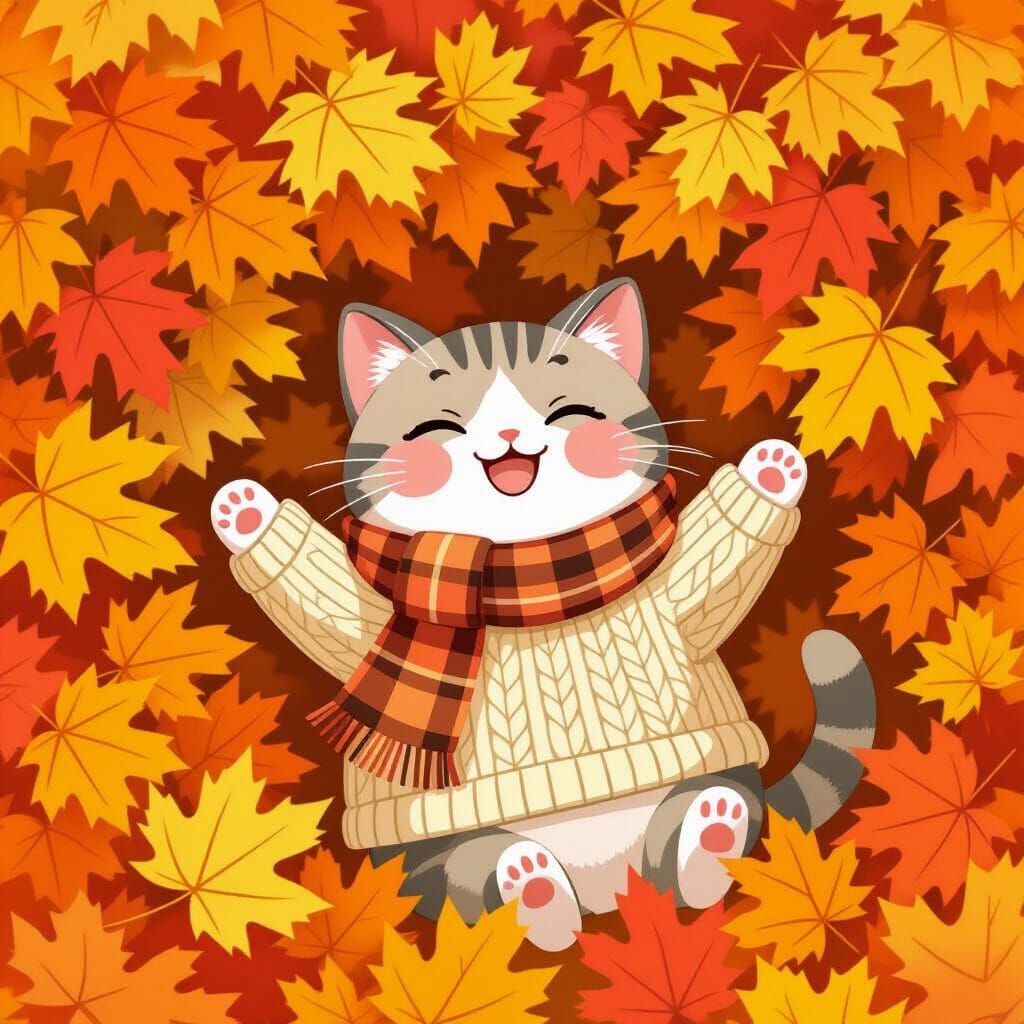 Kawaii Pusheen Cat in Autumn Leaves Digital Art