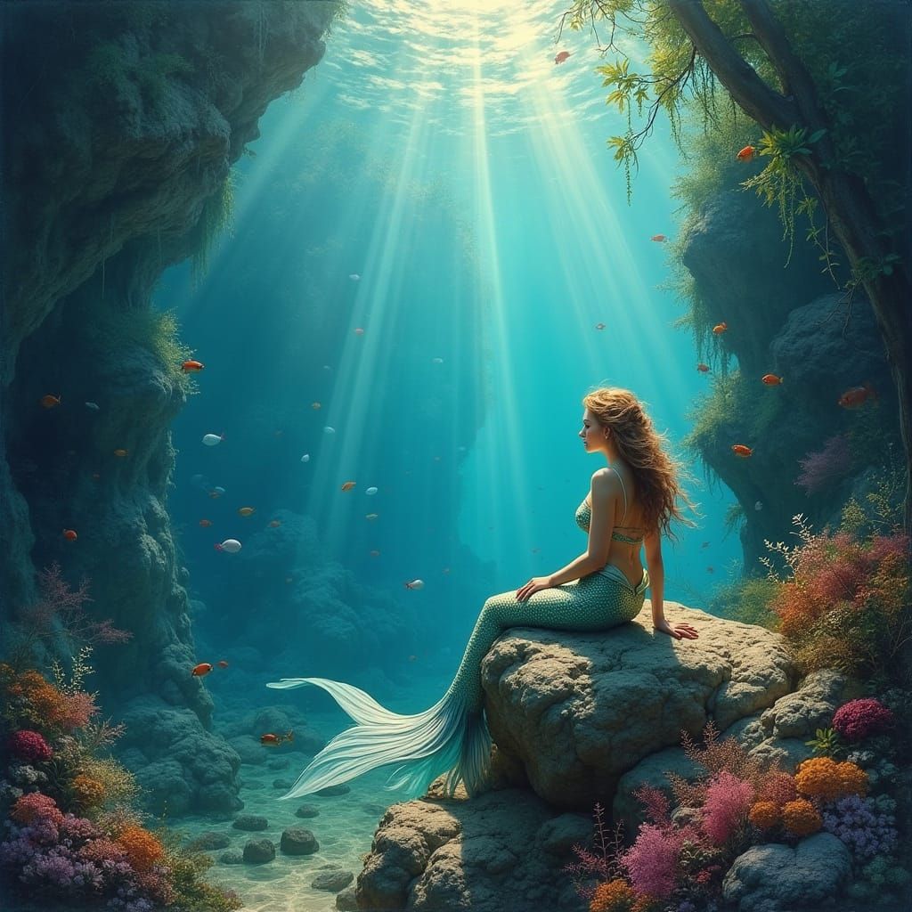 Dreamy Mermaid in Underwater Grotto, Romanticism Art