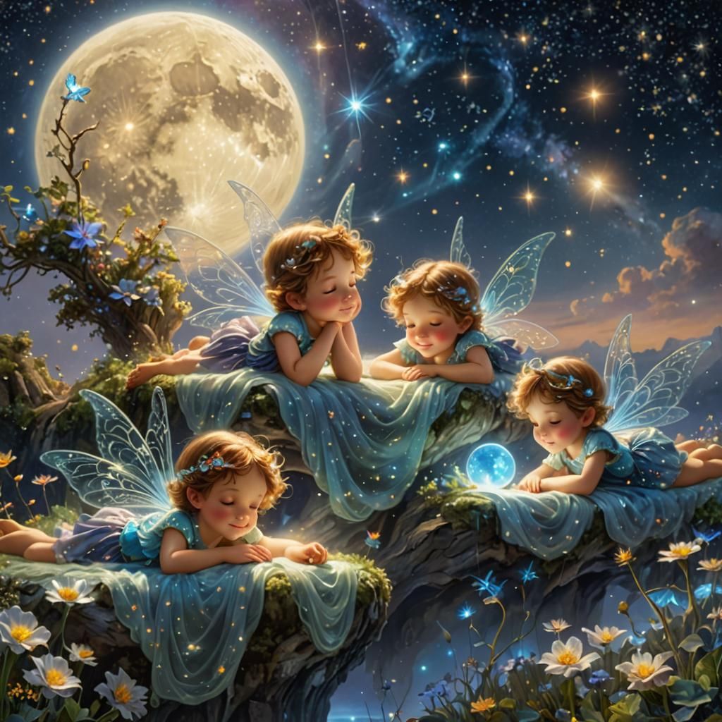 Fairies Sleeping on a Bioluminescent Moonlit Night
