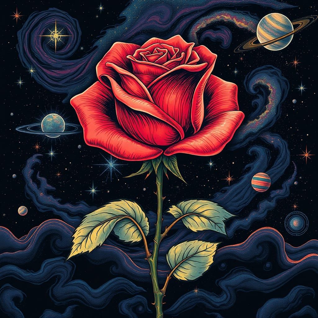 Cosmic Rose in Starry Expanse, Dreamlike Illustration
