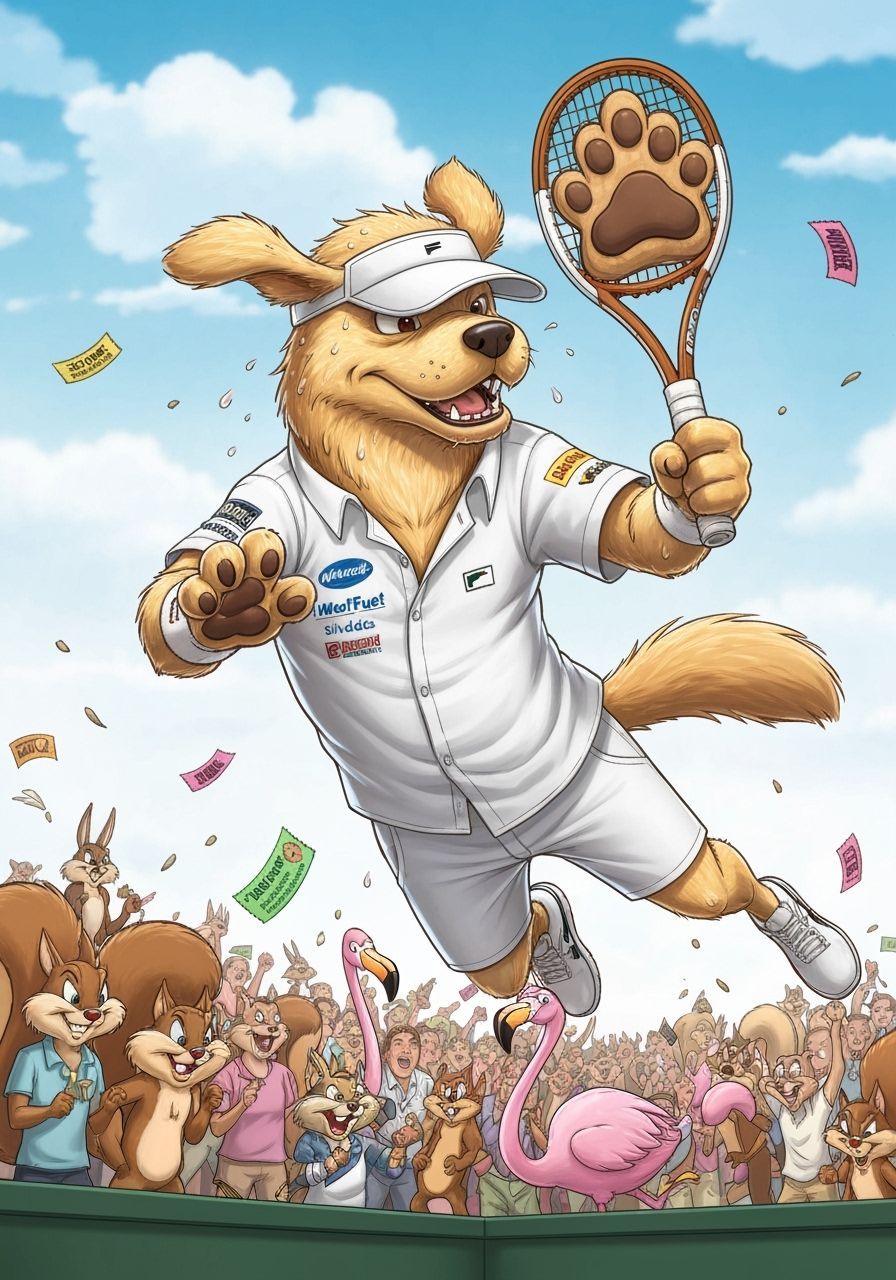 Golden Retriever Ace: Tennis Action in Cartoon Style