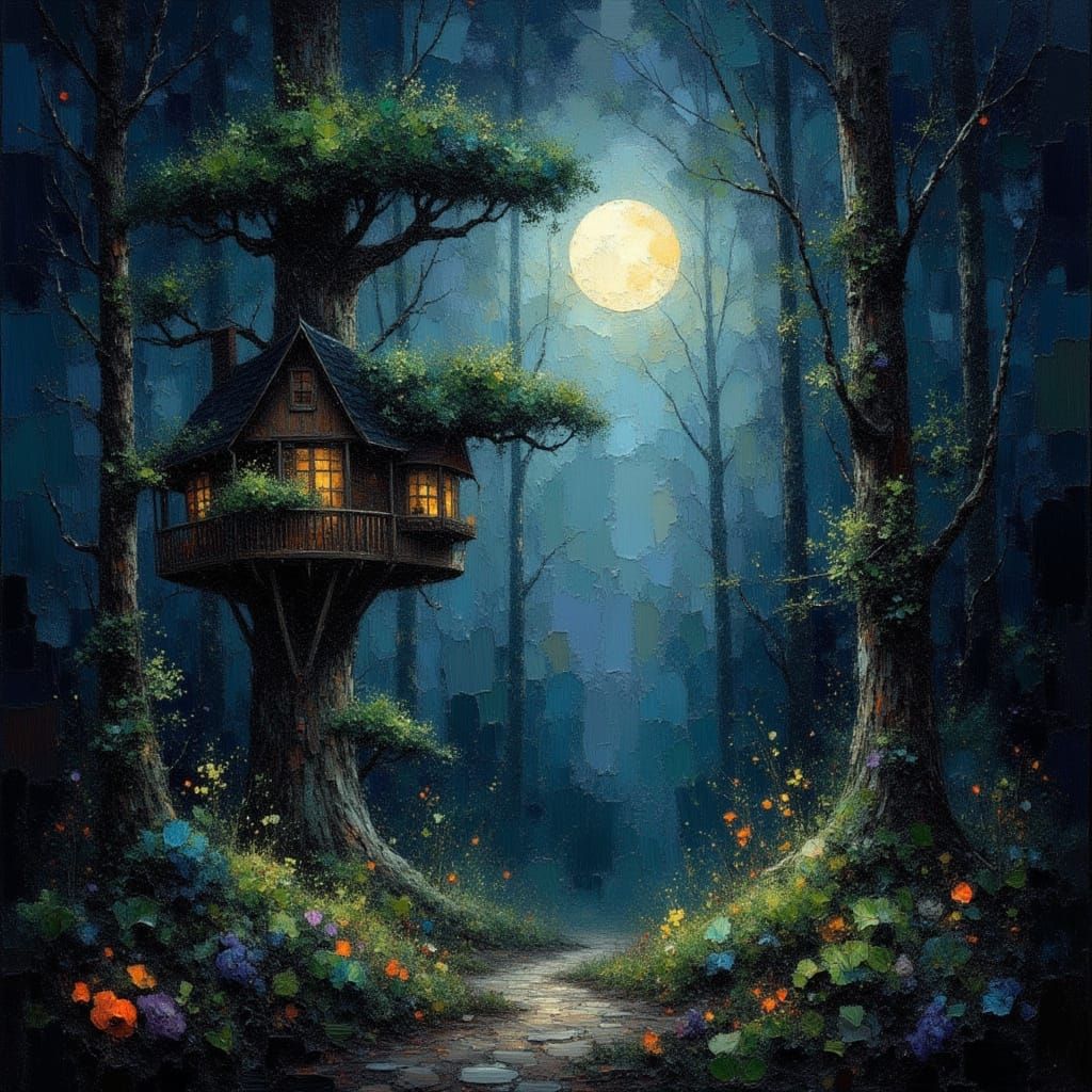 Enchanting Dark Forest with Magical Treehouses