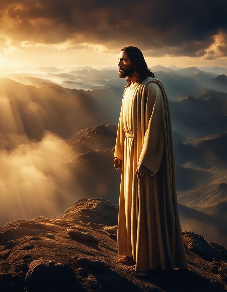 Radiant Figure on Mountain in Golden Light