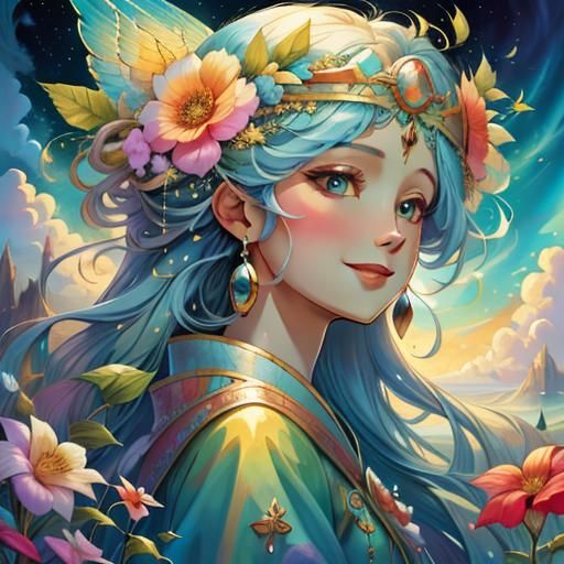 Summer Goddess with Dynamic Clouds, Digital Illustration