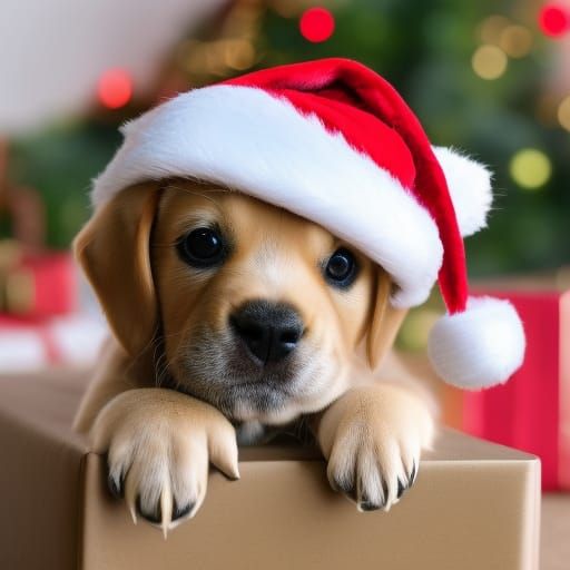 Cute Puppy in a Christmas Present Box