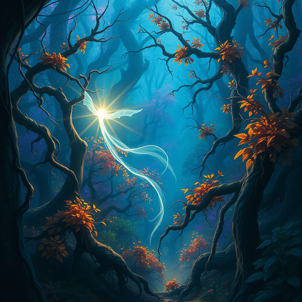 Mystical Will-o'-the-Wisp in Forest, Matte Painting