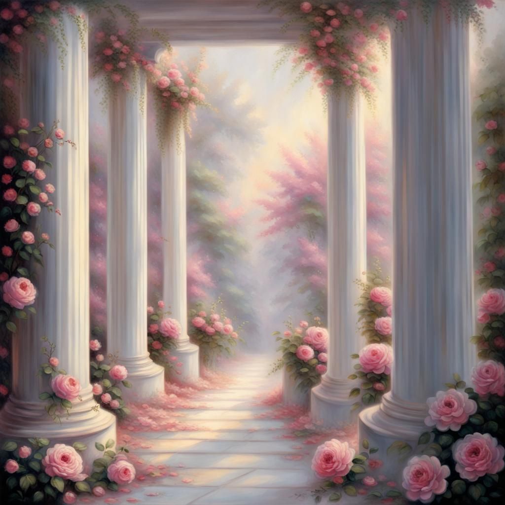 Ethereal Rose Columns in Luminist Fantasy Style