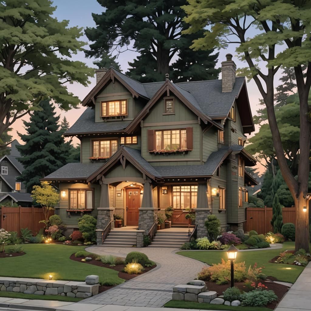 Ghibli-Style Craftsman Home at Twilight