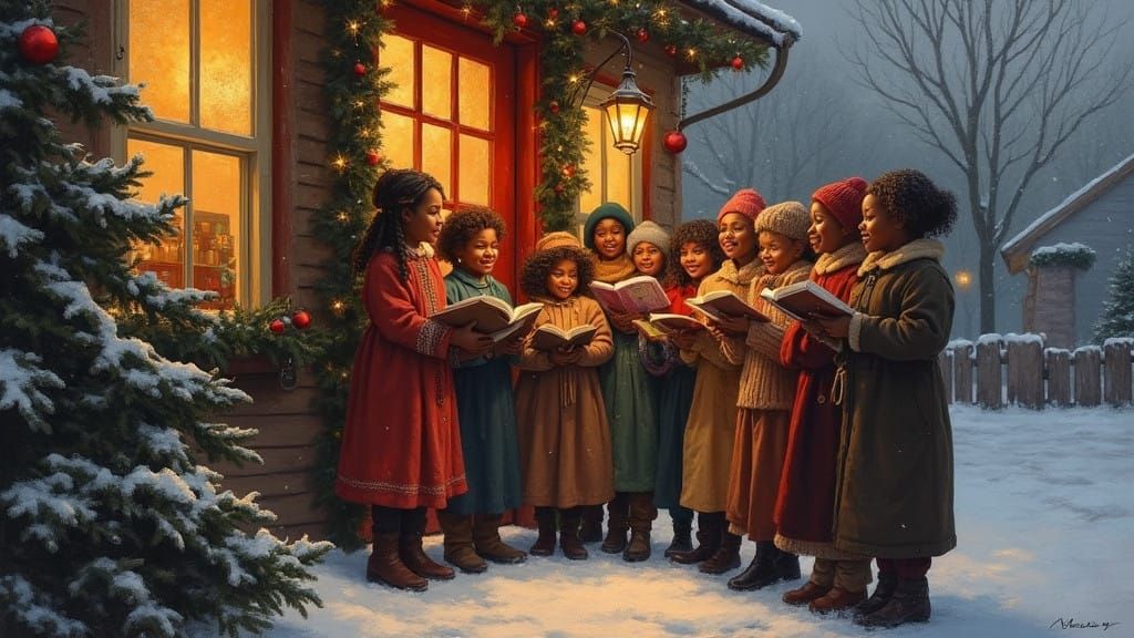 African American Children Sing Christmas Carols in a Cozy Wi...