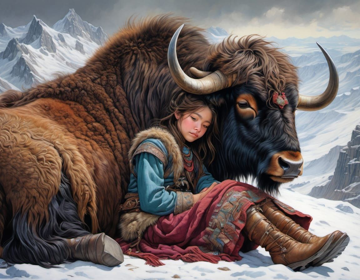 Epic Fantasy Girl and Her Majestic Yak Companion