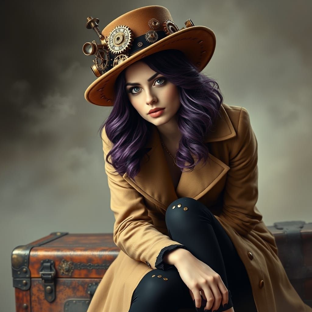 Steampunk Goddess on Antique Trunk, in Oil Airbrush Style