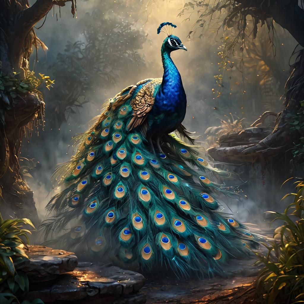 Peacock Emerges from Magical Mist, Oil Painting