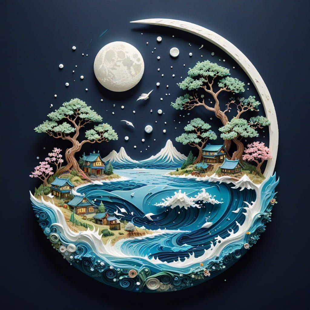 Whimsical Japanese Village Scene in Sumi-e Style