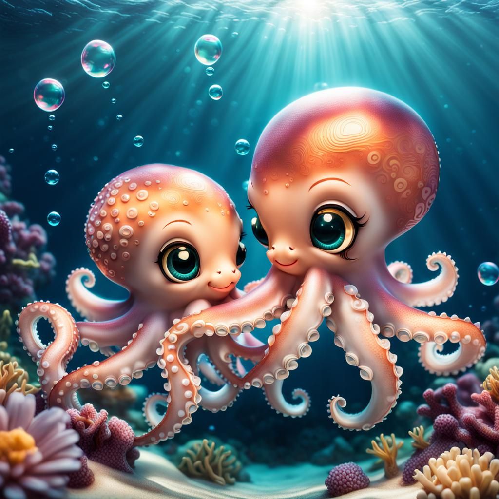 Chibi Octopus Hugging Underwater in HDR