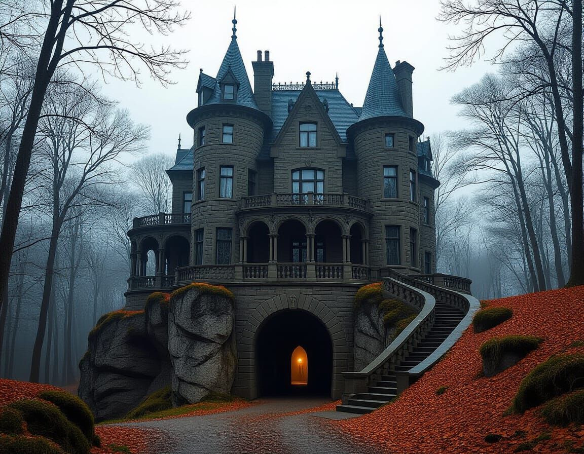 Gothic House with Spires in Eerie Forest