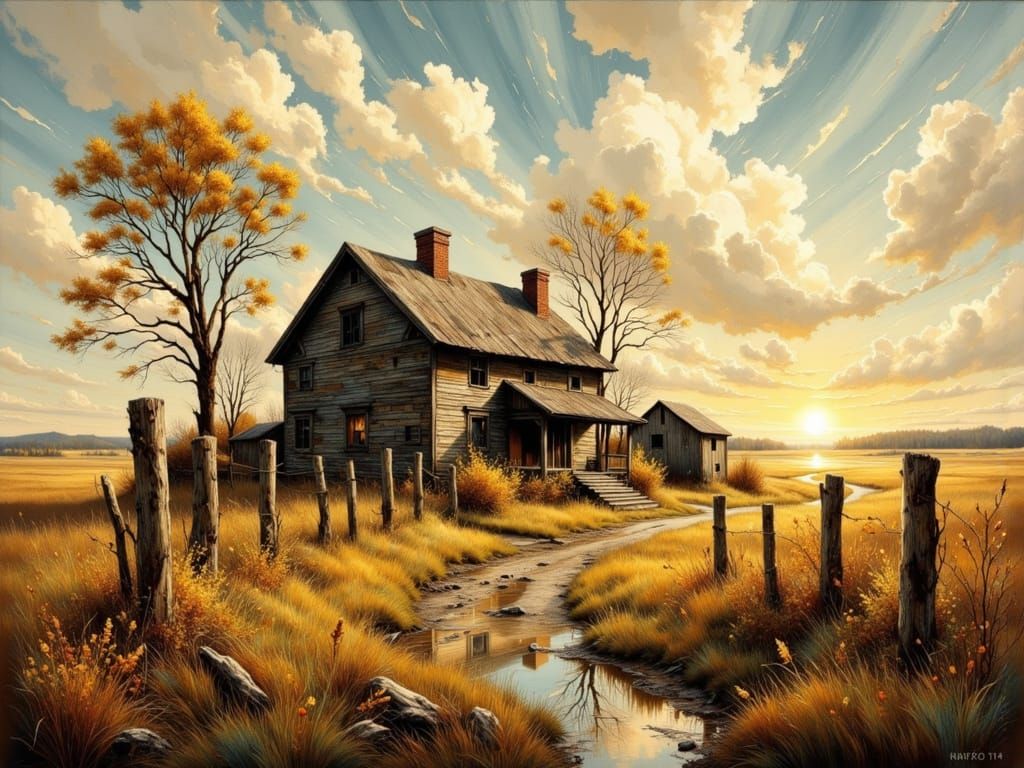 Dilapidated Farmhouse in Golden Hour Light