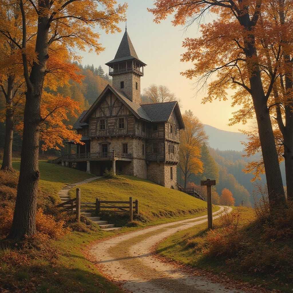 Majestic Medieval Manor House Amidst Autumnal Forest