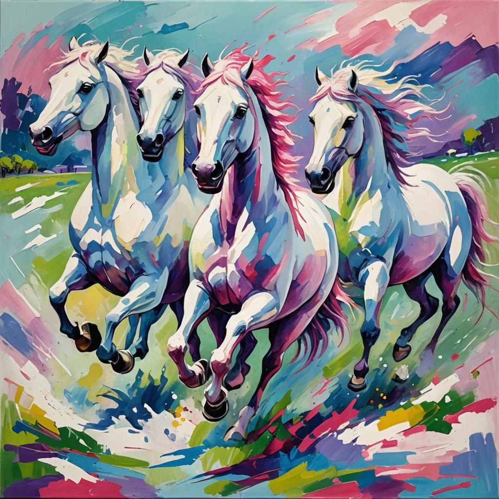 White Horses Galloping in Gouache Colors